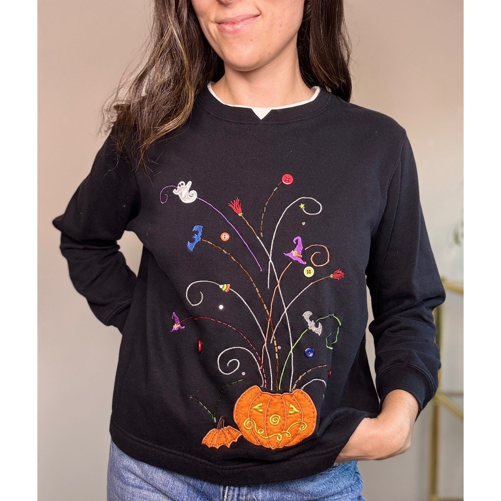 Kitschy Halloween Embroidered Sweatshirt, Black XL 16/18 | Teacher Grandma Ghost